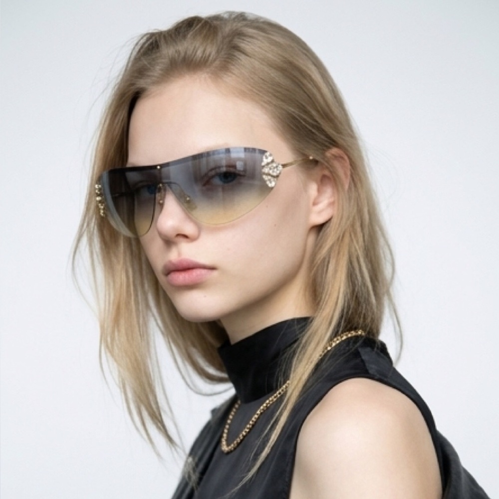 🆕 MIU MIU smoky gray Shield Sunglasses w/ Crystals